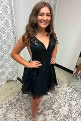 V-Neck Black Sequin Appliques Short Party Dress