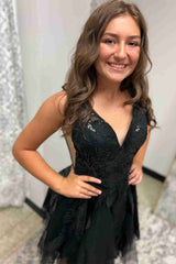 V-Neck Black Sequin Appliques Short Party Dress