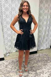 V-Neck Black Sequin Appliques Short Party Dress