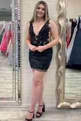 V-Neck Black Sequined Mini Homecoming Dress