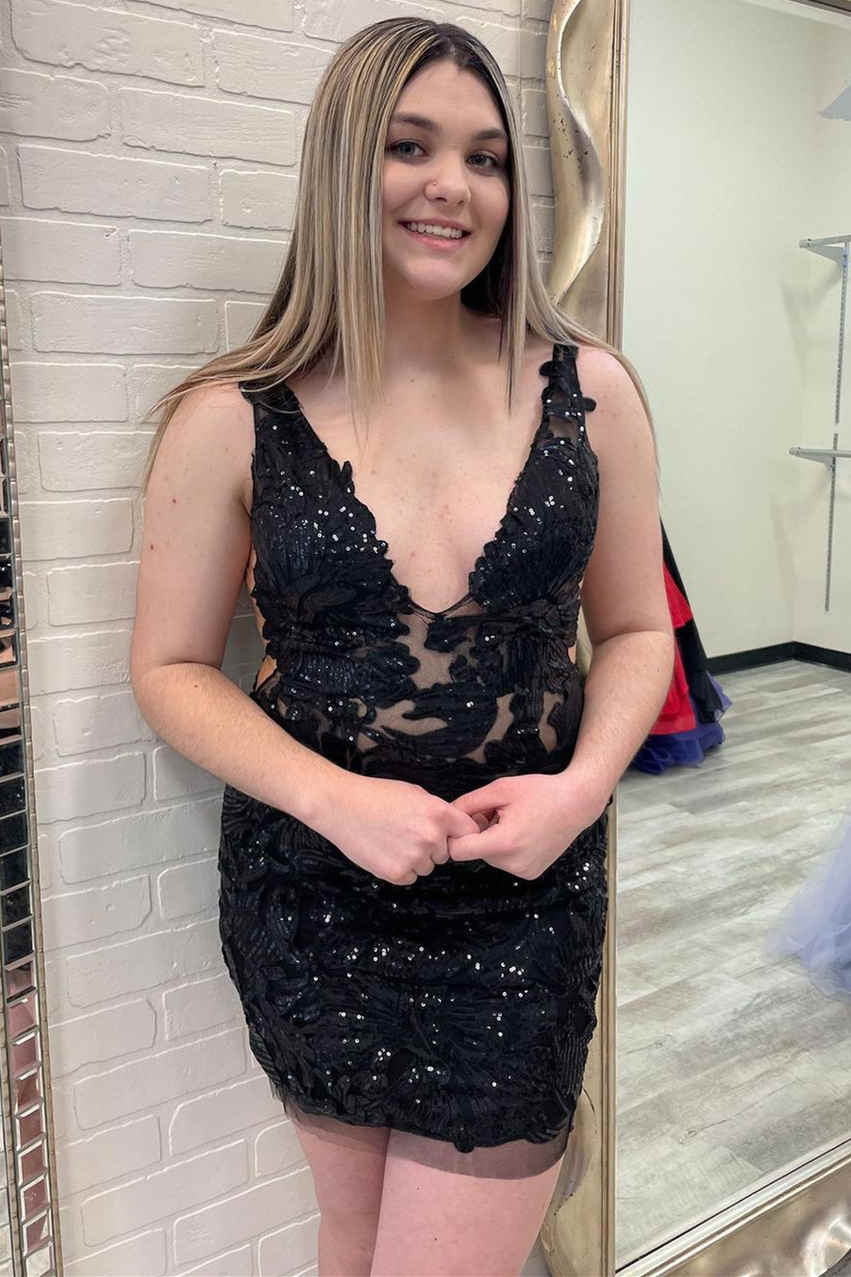 V-Neck Black Sequined Mini Homecoming Dress
