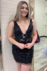V-Neck Black Sequined Mini Homecoming Dress