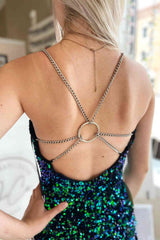 V-Neck Chain Straps Green Sequins Mini Homecoming Dress