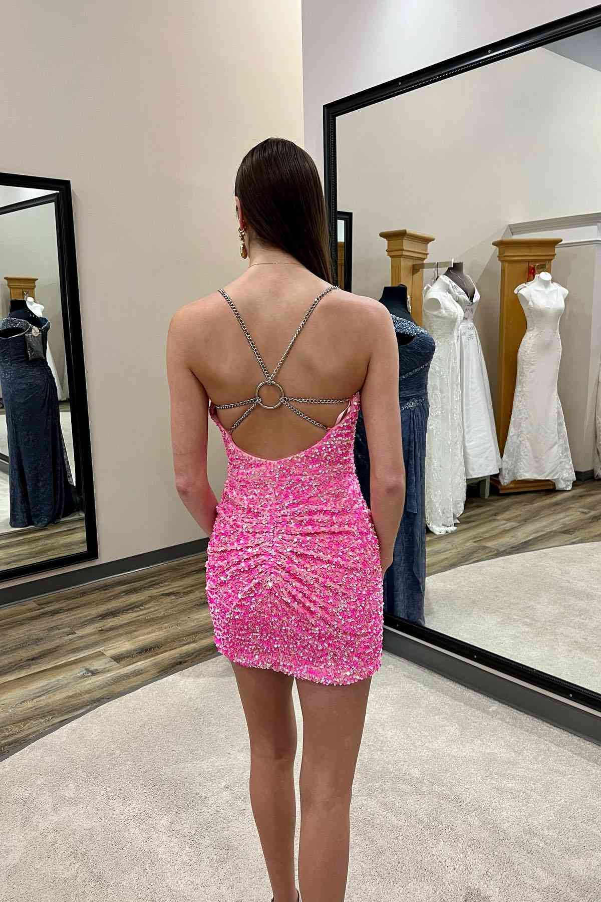 V-Neck Chain Straps Green Sequins Mini Homecoming Dress