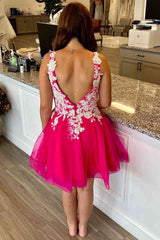 V-Neck Hot Pink Tulle Homecoming Dress with White Appliques