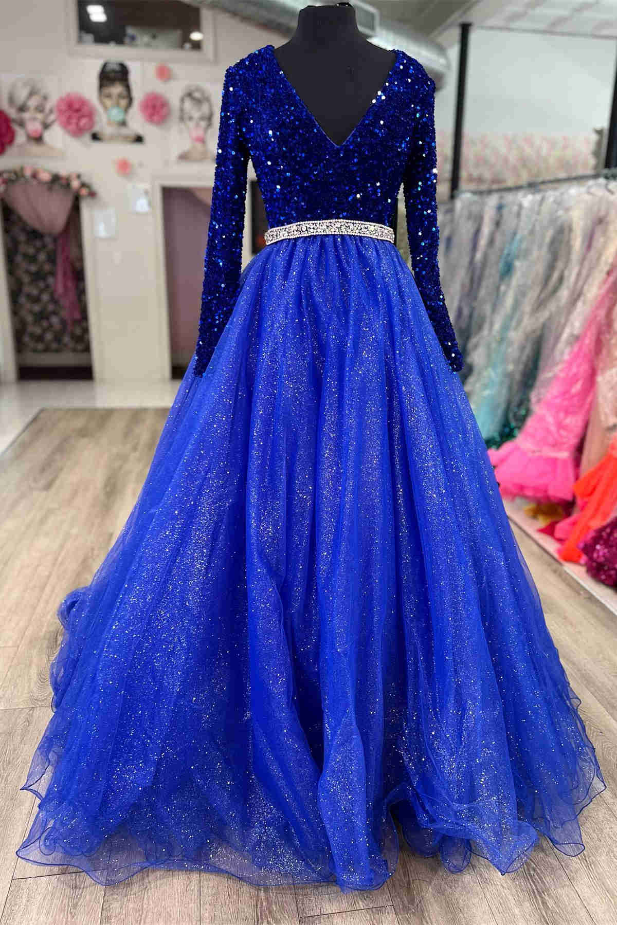 V-Neck Light Blue Sequin Long Sleeves A-Line Prom Dress