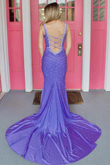 V-Neck Lilac Beaded Prom Dress with Sweep Train