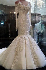 V-Neck Long Sleeve Beaded Mermaid Wedding Dress with Lace Appliques