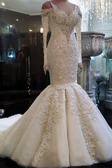 V-Neck Long Sleeve Beaded Mermaid Wedding Dress with Lace Appliques