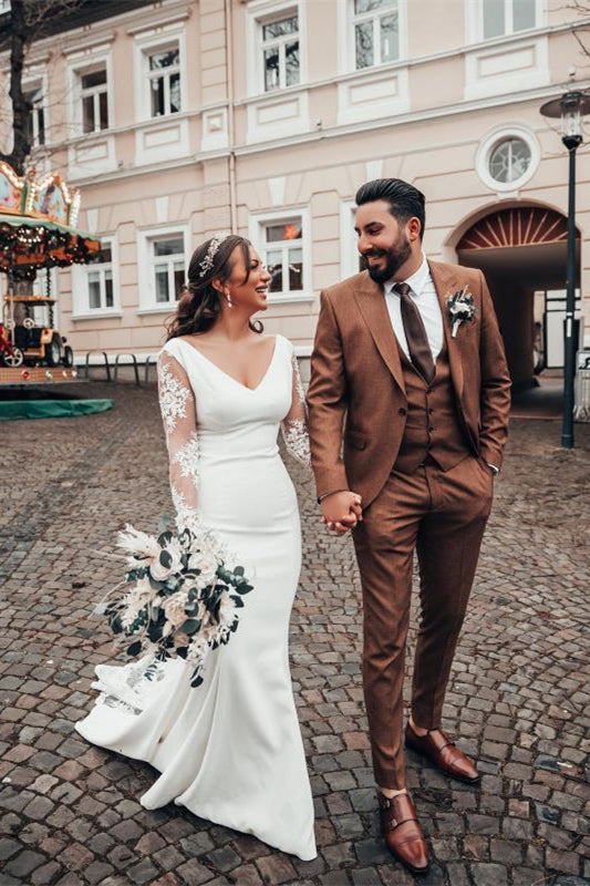 V-Neck Long Sleeve Lace Mermaid Wedding Dress