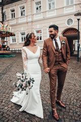 V-Neck Long Sleeve Lace Mermaid Wedding Dress