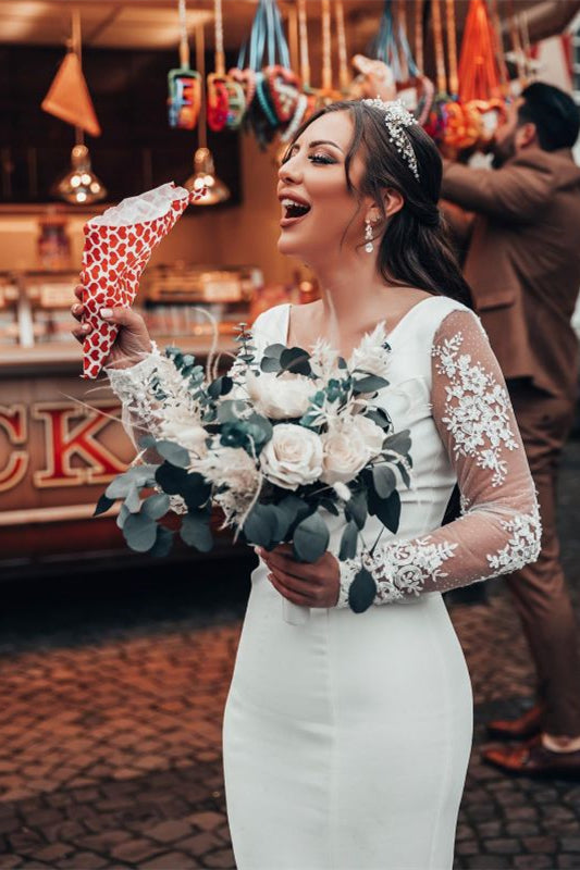 V-Neck Long Sleeve Lace Mermaid Wedding Dress