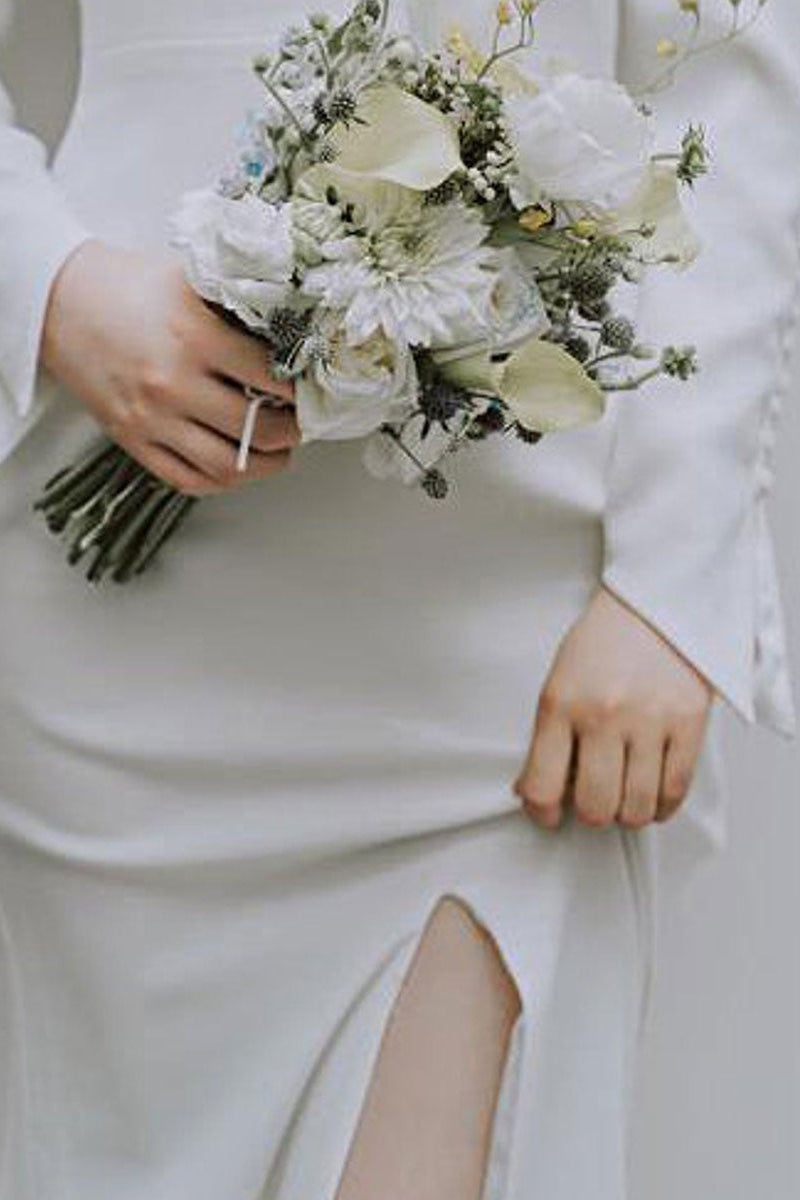 V-Neck Long Sleeve Slit Wedding Dress