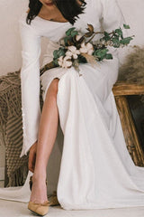 V-Neck Long Sleeve Slit Wedding Dress