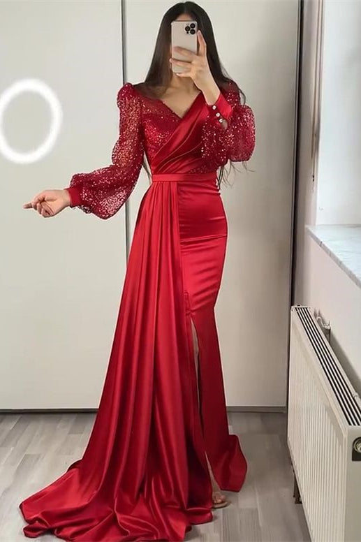 V Neck Long Sleeve Mermaid Prom Dress with Sequins Split Ruffles