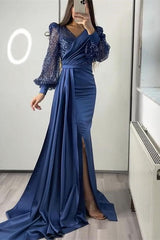 V Neck Long Sleeve Mermaid Prom Dress with Sequins Split Ruffles