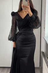 V Neck Long Sleeve Mermaid Prom Dress with Sequins Split Ruffles