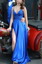 V-Neck Royal Blue Applique Prom Dress with Slit