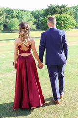 V-Neck Side Split Burgundy Prom Dress with Cutouts