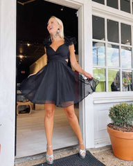V-Neck Sky Blue Pleated A-Line Party Dress