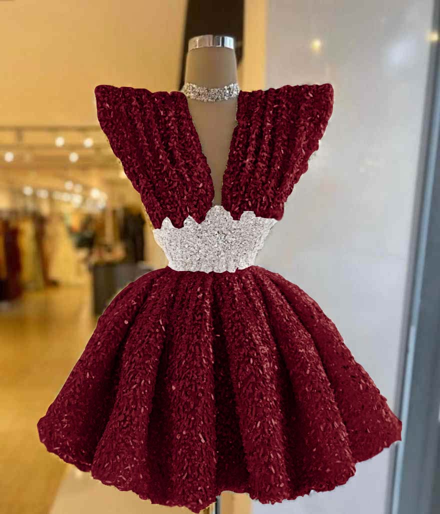 V Neck A-Line Short Prom Dress with Sequins Pleated