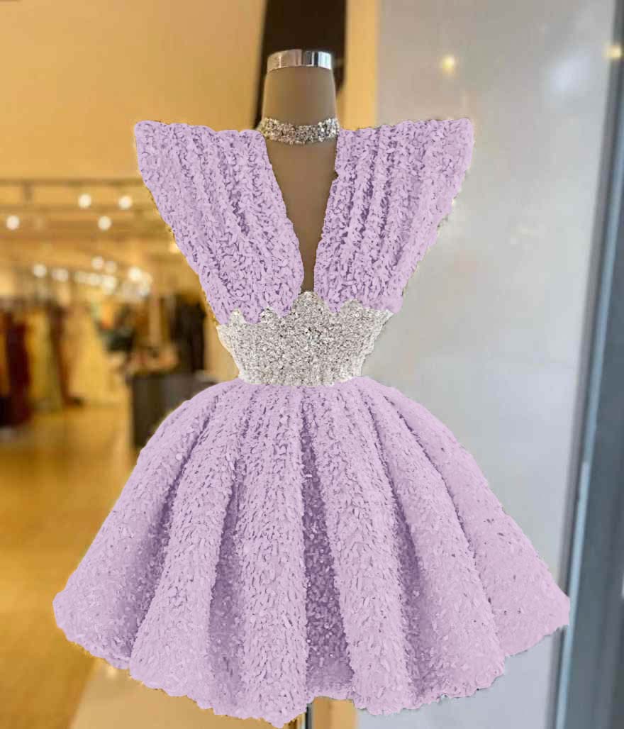 V Neck A-Line Short Prom Dress with Sequins Pleated