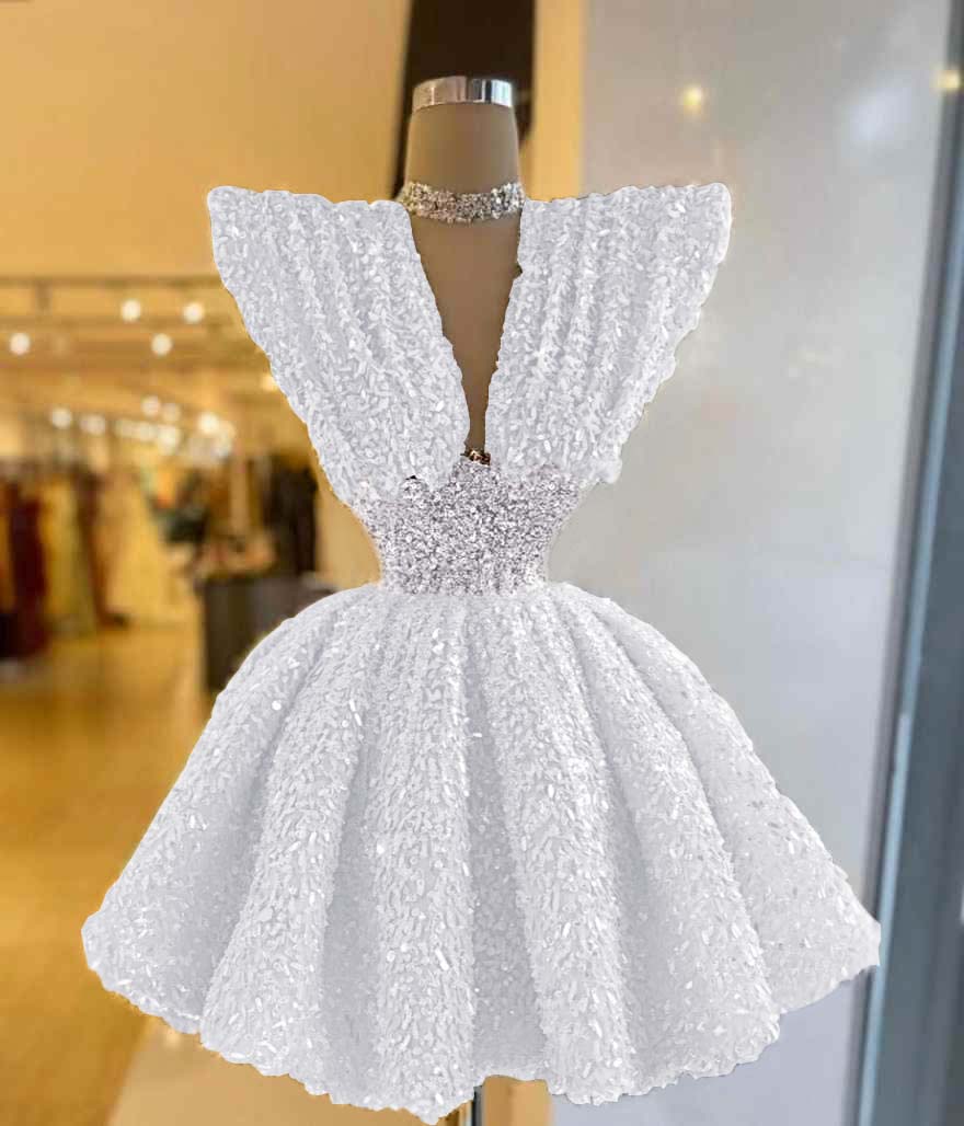 V Neck A-Line Short Prom Dress with Sequins Pleated