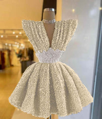 V Neck A-Line Short Prom Dress with Sequins Pleated