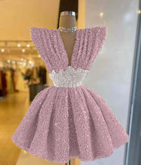 V Neck A-Line Short Prom Dress with Sequins Pleated
