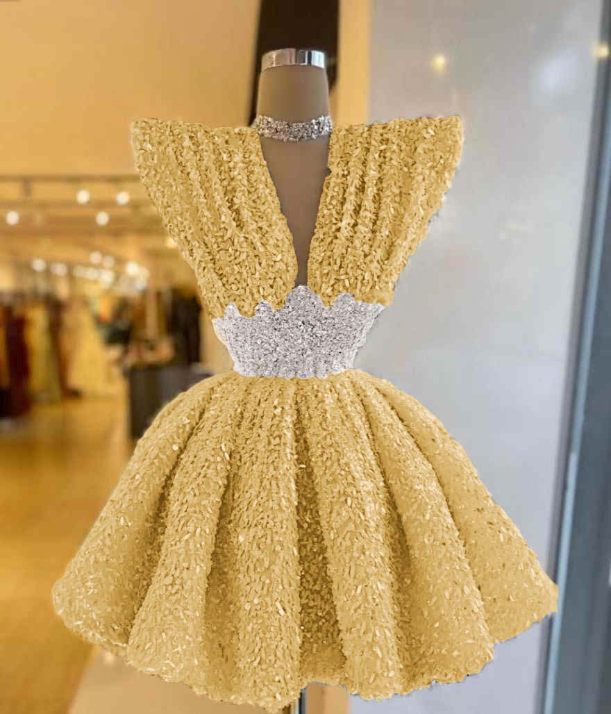 V Neck A-Line Short Prom Dress with Sequins Pleated