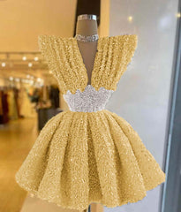V Neck A-Line Short Prom Dress with Sequins Pleated