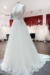V-Neck Sleeveless Long A-Line Wedding Dress with Sequins, Ruffles, and Open Back Tulle