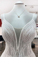 V-Neck Sleeveless Long A-Line Wedding Dress with Sequins, Ruffles, and Open Back Tulle