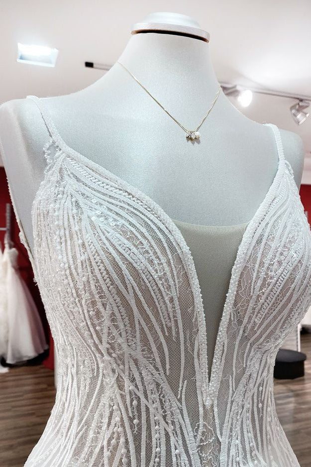 V-Neck Sleeveless Long A-Line Wedding Dress with Sequins, Ruffles, and Open Back Tulle