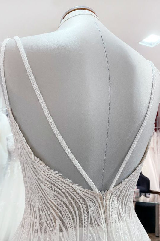 V-Neck Sleeveless Long A-Line Wedding Dress with Sequins, Ruffles, and Open Back Tulle