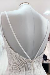 V-Neck Sleeveless Long A-Line Wedding Dress with Sequins, Ruffles, and Open Back Tulle