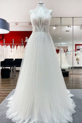 V-Neck Sleeveless Long A-Line Wedding Dress with Sequins, Ruffles, and Open Back Tulle