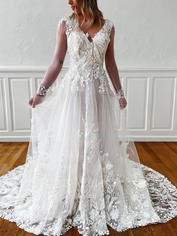 V-neck Tulle Ball Gown Wedding Dress with Appliques and Lace Sweep Train