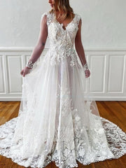 V-neck Tulle Ball Gown Wedding Dress with Appliques and Lace Sweep Train