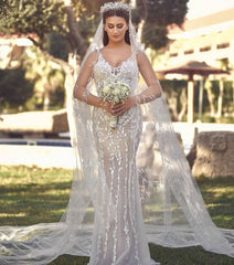 V-Neck Tulle Lace Long Mermaid Wedding Dress with Detachable Train