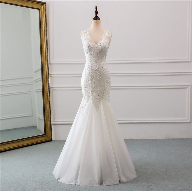 V-Neck Tulle Long Mermaid Wedding Dress with Beading