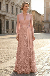 V Neck Satin Mother of the Bride Gown With Lace Appliques Floor Length Formal Wedding Guest Evening Dress