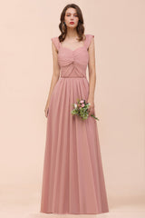 Vintage Mauve Chiffon Straps Ruffle Affordable Bridesmaid Dress-Babyonlines