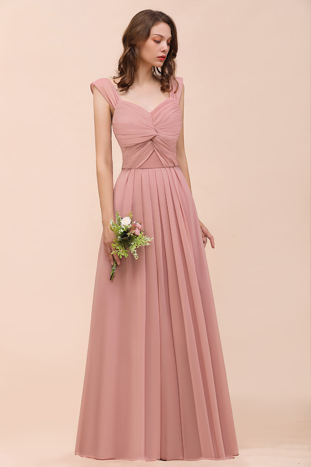 Vintage Mauve Chiffon Straps Ruffle Affordable Bridesmaid Dress-Babyonlines