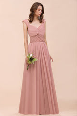 Vintage Mauve Chiffon Straps Ruffle Affordable Bridesmaid Dress-Babyonlines