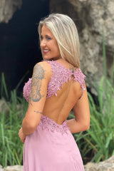 Vintage Red V-Neck Long Prom Dress with Split