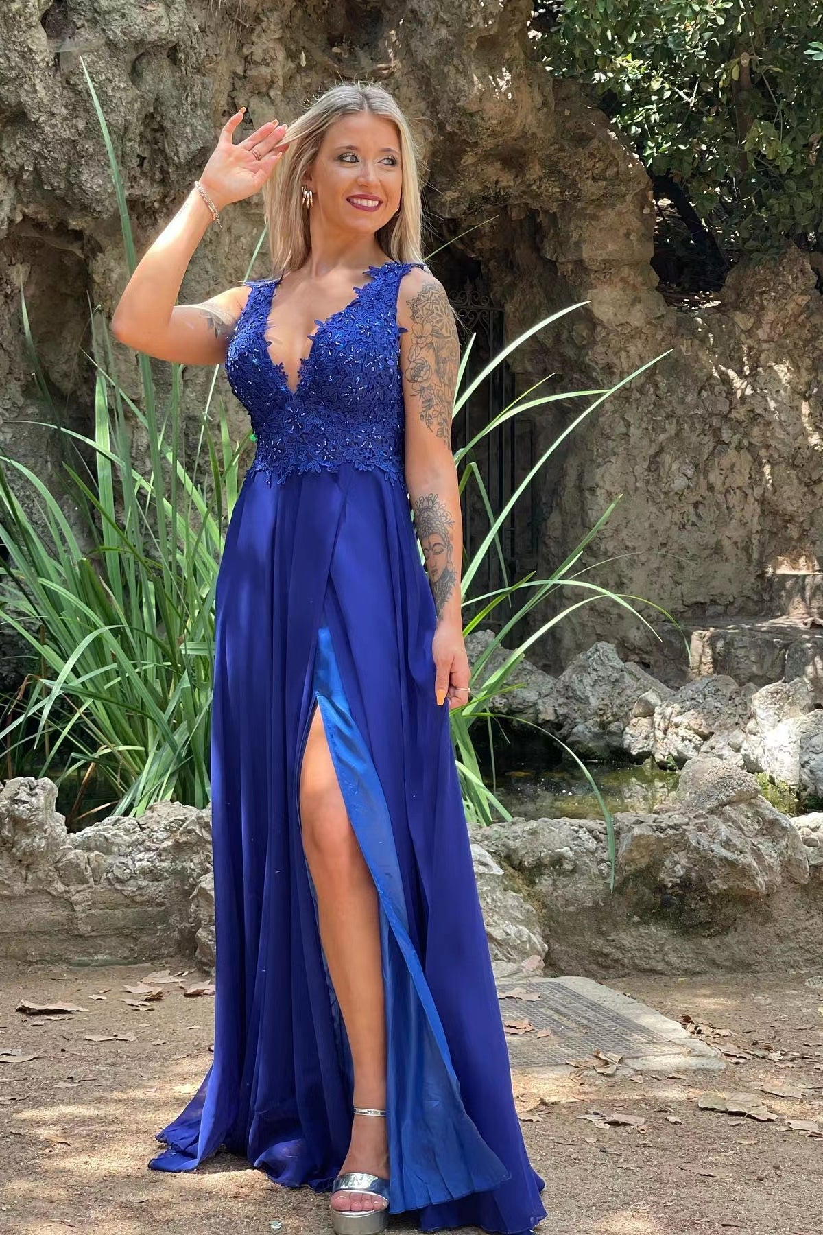 Vintage Red V-Neck Long Prom Dress with Split