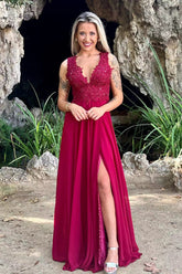 Vintage Red V-Neck Long Prom Dress with Split