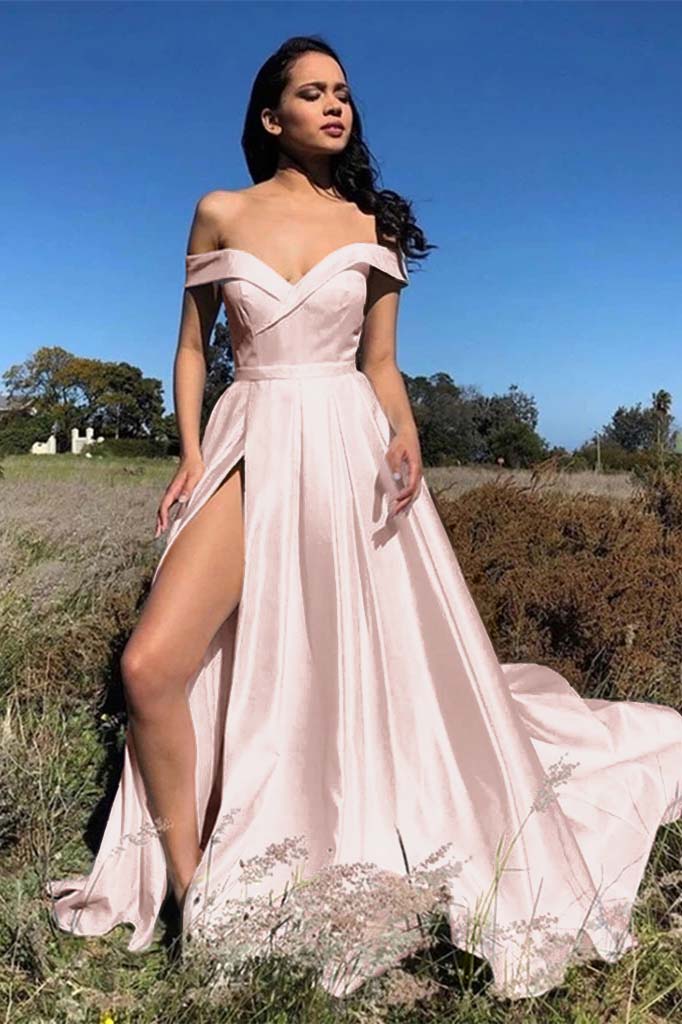 White Chic Off the Shoulder Strapless Prom Dress with Front Split