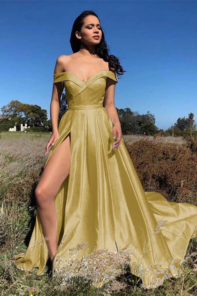 White Chic Off the Shoulder Strapless Prom Dress with Front Split